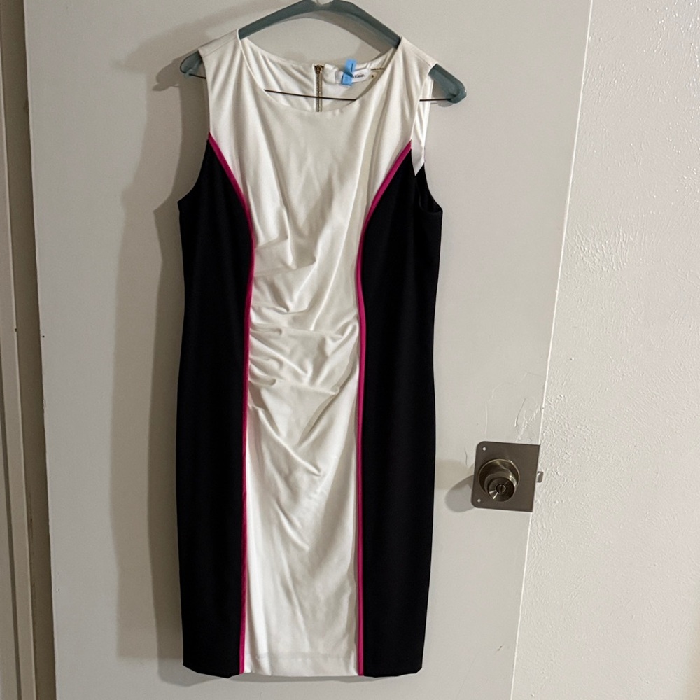 Calvin Klein Black and White Midi Dress with Pink Trim